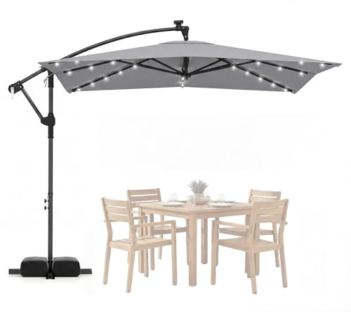 GOPLUS Parasol Déporté 2,5x2,5m avec 32 LED Solaires, Parasol de Jardin Exterieur Rotatif 360° avec 2 Sacs de Sable de 52KG, Toile Anti-UV, Manivelle, pour Balcon Terrasse Patio (Gris)