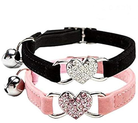 CHUKCHI verstellbares Katzen-Halsband mit Glocke und Herzanhänger mit Kristallsteinen, weicher Samtstoff, sicheres Halsband, 20,3-28 cm