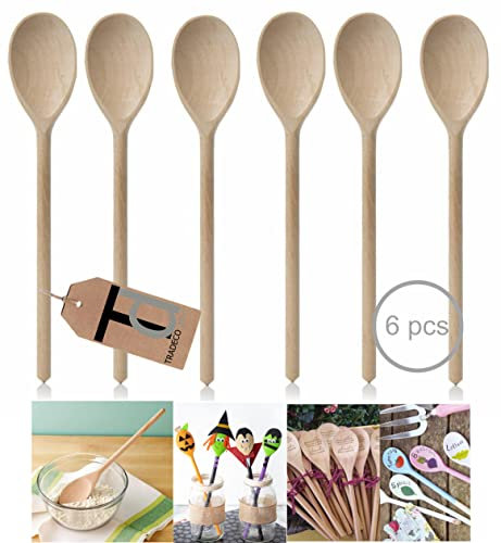 Set of 6 x 10 (250mm) Beechwood Wooden Spoon, Ideal for Baking, Decorating, Engraving, Spoon Puppets etc.