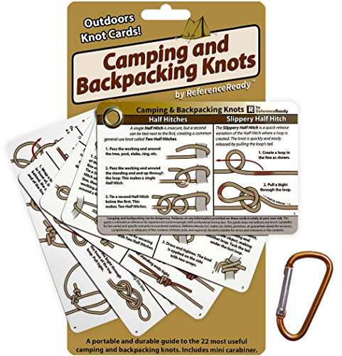 ReferenceReady Outdoor Knots - wasserdichte Knotenbindungskarten mit Mini-Karabiner - Inklusive 22 Seilknoten für Camping, Rucksackreisen und Pfadfinder-Szenarien