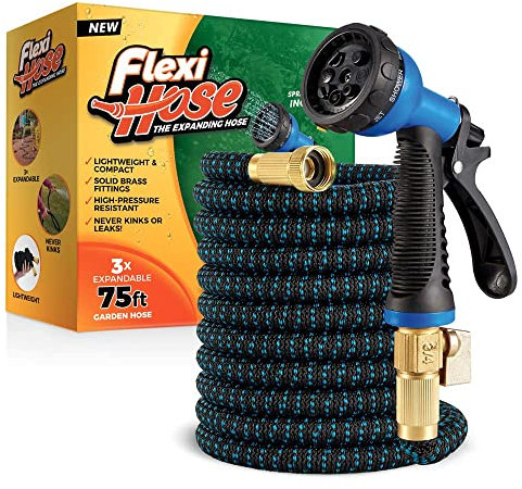 Flexi Hose Schlauch Flexibel - Ausziehbare Garten Schlauch Flex - 8 Funktion Spritzpistole - Schlauch Automatik - Flexibler Wasserschlauch Flexi Gartenschlauch (Blau/Schwarz - 23 Meter)