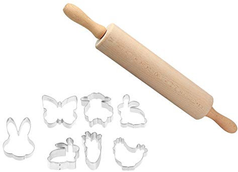 Dr. Oetker Teigroller und Osterausstecher, hochwertige Förmchen für die Osterfeier, Nudelholz mit Metallachse, handliche Backrolle, Ausstecher für Ostern (Farbe: Braun/Silber), Menge: 1 x 8er Set