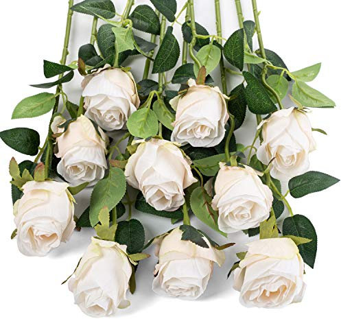 Flojery 10pcs Artificial Rose Flowers Long Stem Fake Silk Roses for DIY Wedding Bouquet Table Centerpiece Home Decor (White)