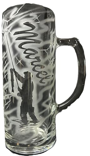 Bierkrug 0,5 l mit Gravur Angler Angel Logo und Name personalisiert Glas Krug Bierglas Bierseidel Glaskrug individuell Geschenk Fischer Angeln Angelsport