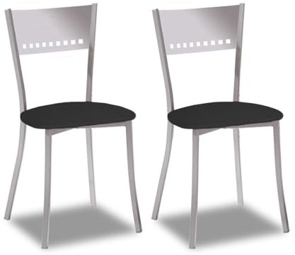2 Sillas metálicas con respaldo de escalera y asiento tapizado - Estructura color aluminio - Asiento en Polipiel negra