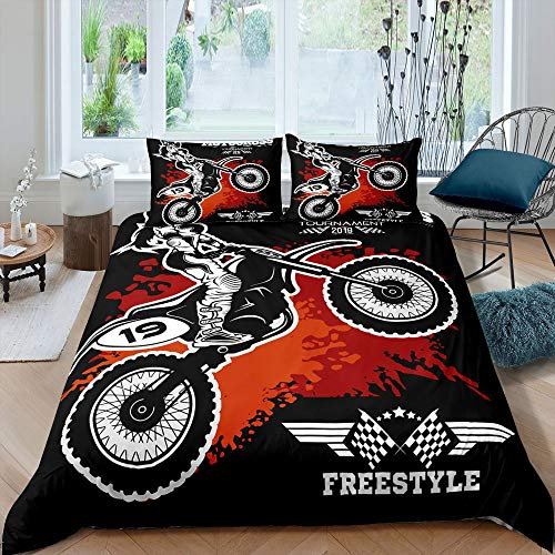Homewish Motorradfahrer Bettwäscheset 135×200 Motocross Racer Bettbezug für Damen Extremespeed ​​Tournament Trösterbezug für Kinder Teen Boys Mädchen Young Man Dirt Bike Fahrzeug 2St. Rotschwarz