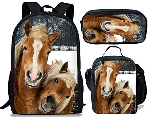 Showudesigns 3-teiliges Schulranzen-Set für Kinder, Rucksack und Brotdose, langer Riemen, Federmäppchen für Mädchen und Jungen, Lustiges Pferd, Einheitsgröße, Kinderrucksack