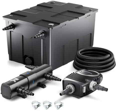 Wiltec Komplettset: CBF-550 Teichfilter bis 60000 L Teichfilteranlage Durchlauffilter, NEO8000 Teichpumpe 8000l/h 70W, CUV-236 Teichklärer 36W, 10m Teichschlauch 38 mm, Schlauchschellen W1 44-47mm