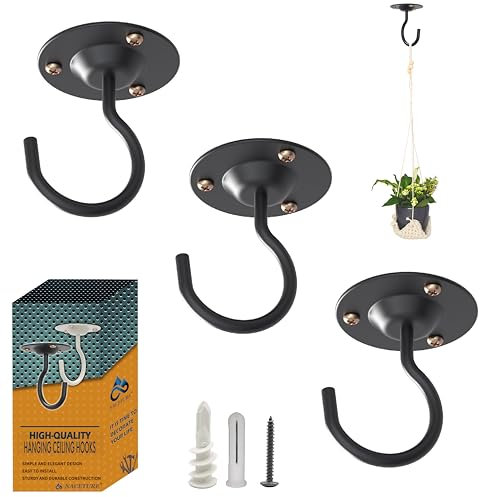 NACETURE Ganchos de techo para colgar plantas, paquete de 3 – Percha para plantas de interior, soporte de metal para plantas, linternas de hierro para campanillas de viento, macetas (negro, paquete de