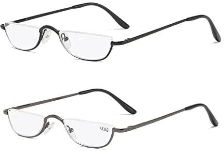 KoKoBin 2 Paires Lunettes de Vue Lecture Demi Lune ，Lunette Pour Lire Mince Demi-Monture en métal, Printemps Charnières Lunette Femme et Homme (noir, gris)+2.5