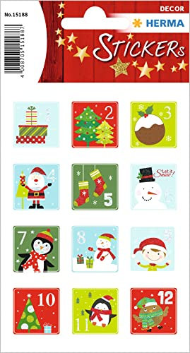 HERMA 15188 Aufkleber Zahlen 1-24 Glitzer, 24 Stück, Weihnachten Sticker mit Weihnachtsmann Weihnachtsbaum, Nummer Ziffer Klebezahlen Etiketten für Weihnachtsdeko Adventskalender Deko DIY Basteln