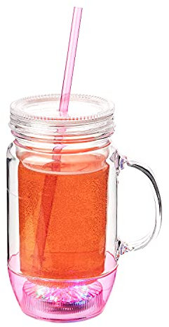 1 Pink LED Drinking Glasses with Straw Plastic Glasses Mason Jars with Lids and Straws Smoothie Cup Tumbler with Straw and Lid Slushie Cup Mason Jars with Handles Light Up Glasses Drinking
