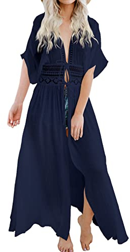 FANCYINN Bikini d'été pour femme - Robe de plage - Kimono long - Léger - En tricot - Pour femme, bleu marine, S