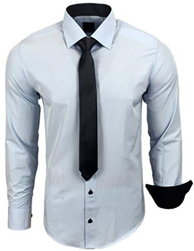 Baxboy 444-BK Herren Kontrast Hemd Business Hemden mit Krawatte Hochzeit Freizeit Fit, Farbe:Hellblau, Größe:L