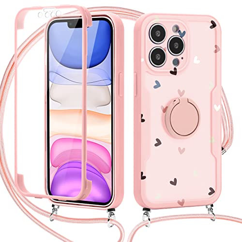 ZhuoFan Coque Cordon de Collier pour Apple iPhone 11 Pro 5,8, Etui de Full Body Protection avec 360°Rotation Support de Bague Magnétique Silicone Antichoc Réglable Lanyard Housse, Amour