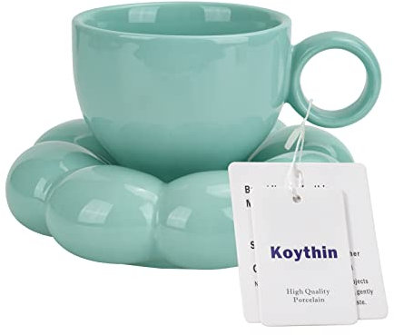 Koythin Ceramic Coffee Mug with Saucer Set, Creative Cute Cup with Sunflower Coaster for Office and Home, Dishwasher and Microwave Safe, 6.5 oz/200 ml for Tea Latte Milk (Blue-Green)