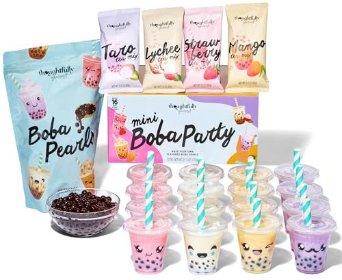 Thoughtfully Gourmet, Mini Boba Party Set, Geschenkset für 16 Portionen Bubble Tea, mit 4 Geschmacksrichtungen, Boba-Perlen, Bechern, Deckeln und Strohhalmen