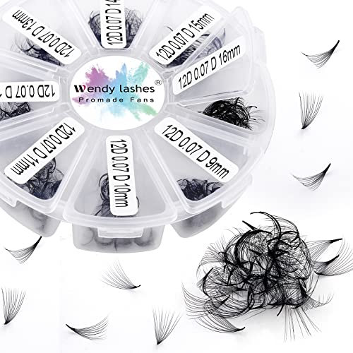 Fertige Fächer Wimpern Extension 12D 500 Stück 9-16mm 0,07mm C Curl Fertig Volumen Wimpern Fächer Premade Volume Fans Russische Wimpernverlängerung(500-12D-0,07-C-9-16)