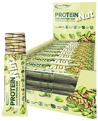 IronMaxx Protein & Nut Protein Bar - Pistachio White Choc 24 x 45g | Barrita rica en proteínas con pistachos auténticos | Barrita proteica sin gluten, sin azúcares añadidos y sin aceite de palma