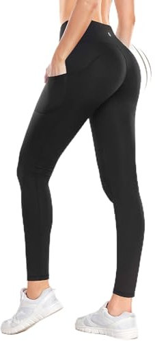 CAMBIVO Sport Leggings Damen High Waist, Sporthose Damen Lang mit Handytaschen, Laufhose Yogahose Damen Push Up Blicklicht Schwarz für Yoga, Fitness, Freiheit