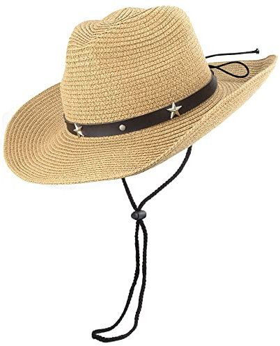 JowTreex Cappello da sole in paglia per bambini, cappello da cowboy occidentale, cappello estivo da spiaggia, cappello da pesca, per bambini e bambine, cachi, Taglia unica