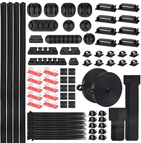 Zocipro 188Pcs Organizador de Cables, 4 Cable Management, 52 Clips de Cable, 10 Bridas, 20 Bridas para Cables de Pared, 2 Rollos y 100 Bridas Rápidas para Cables para El Hogar y La Oficina