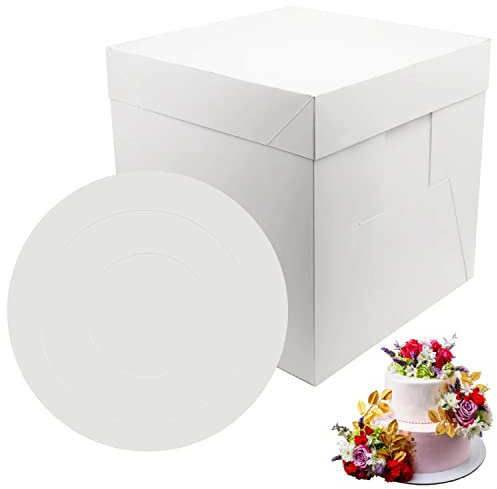 PHULWEL 2 Stück Tortenschachtel 25.4*25.4*25.4cm mit Tortenbrett für Stufenkuchen, Weiß Tortenkarton mit Kuchenbrett Cake Board, Einweg-Tortenbehälter