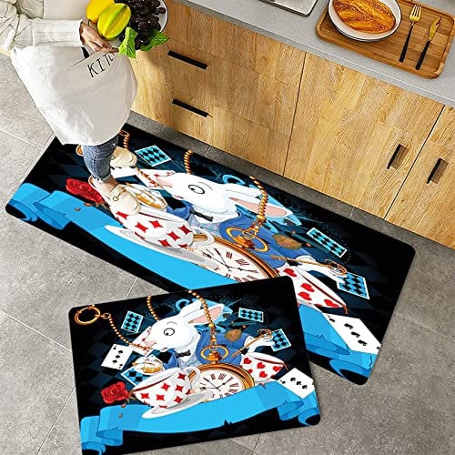 Kitchen Rugs Set 2 Piece Non-Slip Kitchen Mats and Rugs,Black Alice in Wonderland ations,Rabbit Amazing with Motion Cups Hear,Rubber Backing Durable Floor Mat Doormat Machine Washable(40x60+40x100cm)