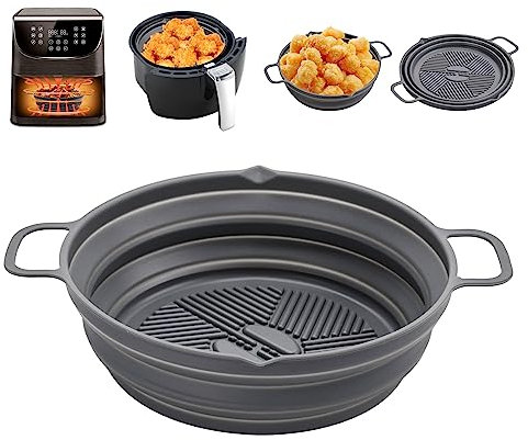 Alyvisun Air Fryer Liner Silicone Reusable Airfryer Basket Foldable Kitchen Pot Accessories Versatile Round Baking Pan for Microwave, Oven (Grey)