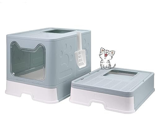 MINGYI Bac à Litière pour Chat Fermée, Grande Maison de Toilette Chat Pliable avec Couvercle, Tiroir à Litière avec Pelle, WC pour Chats, Jusqu'à 7 kg (Bleu XL 51×41×38 cm)