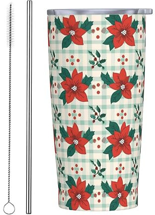 cfpolar Thermobecher mit Weihnachtsmotiv, Stechpalmenblätter, kariert, 590 ml, Edelstahl, Reise-Kaffeetasse mit Deckel und Strohhalm, langlebige Kaffeetasse, Wasserflasche für kalte und heiße Getränke