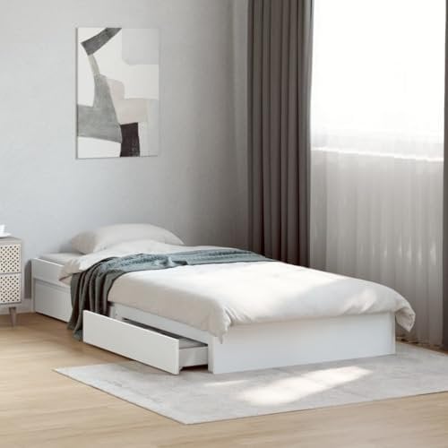 vidaXL Bettgestell, Bett mit Schubladen für Schlafzimmer, Bettrahmen mit Lattenrost, Schlafzimmerbett Einzelbett, Weiß 100x200cm Holzwerkstoff