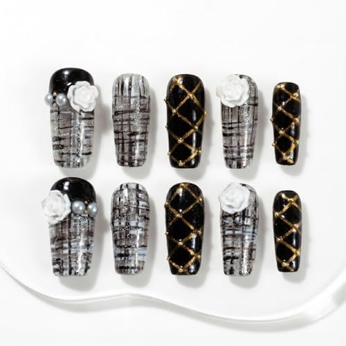 Sun&Beam Nails Handmade Press-On Nails Long Square Black Gold (#068 L) | Handmade 10-piece set with black white and gold plaid, glossy finish, glitter accents, and raised white rose details