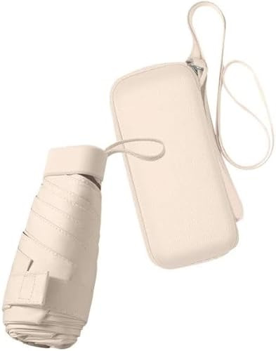 WULUN Mini-Sonnenschirm für Reisen, zusammenklappbar, kompakter und tragbarer Regenschirm mit Aufbewahrungsbox, UV-Schutz, Einhandmeisterung, mehrere Farben, beige