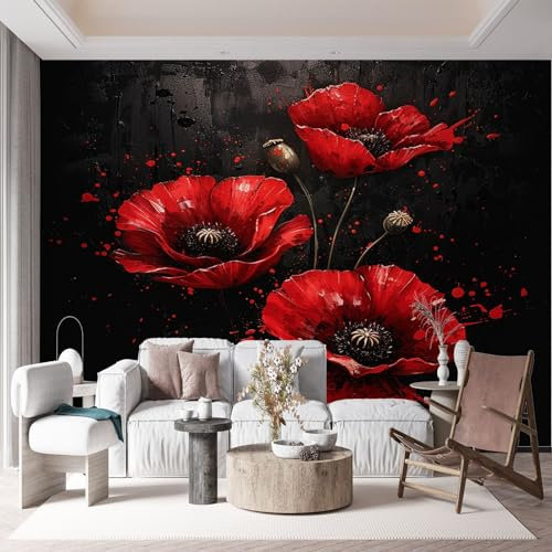 Art Papier Peint Intissé Floral Thème Coquelicot Papier Peint Photo, Noir Fresque Murale 3D HD pour Salon, Chambre, Cuisine 350 x 256 cm (WxH)
