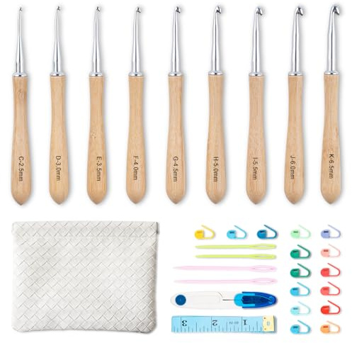 Ruidi Häkelnadel Set, ergonomische Häkelnadel Häkelset für Anfänger, Komplettes Häkelset mit Häkeltasche & Zubehör (Ergo-Bambusgriff, 9 Größen)