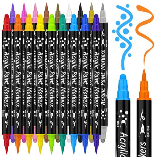 AOSUCO Acrylfarben Stifte 18 Farben Dual Tip Acrylstifte für Felsmalerei, Holz, Kieselsteine, Glas, Keramik, Steine, Stoff, Leinwand, Handwerk, Wasserfeste Pinselstifte, Acrylmarker Stifte Set