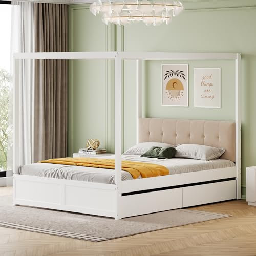 Moimhear Himmelbett 140x200cm mit großen Schubladen und weicher Rückenlehne, Holz Bett weiß