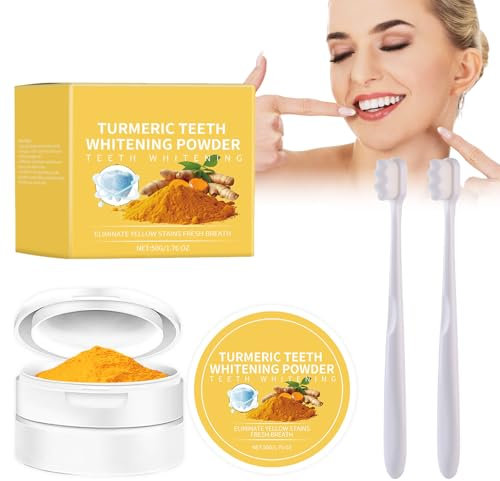 Teeth Whitening Powder Zahnweißpulver, natürliches Kurkumazahnpulver mit 2 Zahnbürsten, Schmelzschonendes Zahnpulver zur Fleckenentfernung und für frischen Atem für ein strahlendes Lächeln