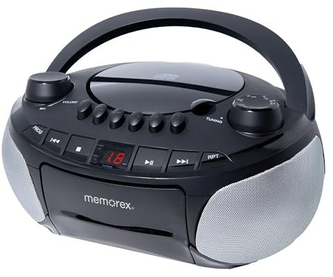 Memorex Portable Top-Loading CD Cassette Boombox with AM/FM Stereo Radio in Black, CD-R/CD-RW Compatible, LED Display, AUX Port Supported, Programmable CD Player