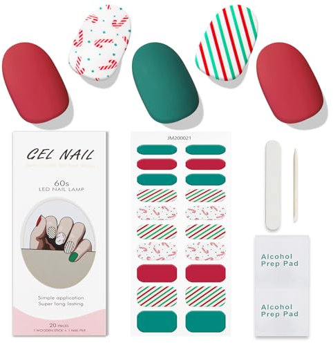 JMEOWIO Gel Nail Stickers Christmas Cute Green Red Semi Cured Gel Nail Strips Wraps UV/LED Nails Art Design Decoration Accessories