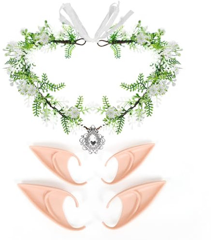 Elfen Kopfschmuck mit 2 Paar Elfenohren, Waldfee Haarreif, Elfenkrone Schmuck, Feen Krone, Feenblätter Krone Stirnband, Haarschmuck Waldfee, Tiara Elfe für Hochzeit Karneval Halloween Cosplay