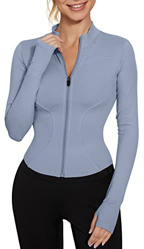 IECCP Womens Long Sleeve Skim Gym Tops Zip Workout Yoga Running T-Shirt Lightweight Fitness Sports Tee with Thumb Holes B-Blue