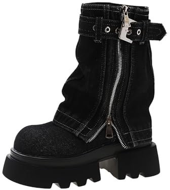 Generico Anfibi Donna Eleganti Stivali Brillantini Donna Stivali da Cowboy alla da con Tacco Grosso sul Stivali a metà Polpaccio da Anfibi Donna Eleganti Stivali Donna Pianta Larga (Black, 39)