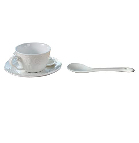 ZGYOZMNG Tea Cup Set Relief Tea Cup Set with Spoon and Saucer Porcelain Cappuccino Cups 7 Oz White Coffee Cup Set