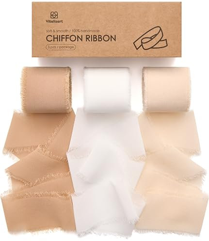 Vitalizart Chiffonband Kamel & Weiß & Beige 3,8 cm x 19,2 m, Geschenkband Breit Schleifenband, Dekoband zum Basteln, Fransenband für Hochzeitseinladungen, Brautsträuße, Geschenke Verpackungen