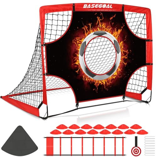 BaseGoal But de Foot Enfant Extérieur, 3 en 1 Cage de Foot Portable avec Tissu Cible, Cônes, Convient comme Cadeau d'anniversaire ou de Vacances pour Les Amateurs de Football(120x90cm)