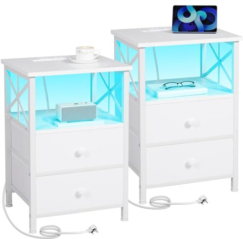 AMHANCIBLE Bedside Table Set of 2, Side Table with Charging Station and Led Lights, Bedside Cabinet with 2 Fabric Storage Drawers, Sofa Side Table, Nightstand for Living Room, Bedroom, White HET052LWT