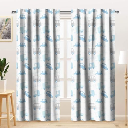 Kzzfqxb 117x138cm Kindervorhänge 2 Paneele, Fahrzeuge Autos Lieferwagen Busse Lastwagen vorhänge mit Stangentasche, Cartoon Dekor für Kinder Jungen Schlafzimmer Kinderzimmer Wohnzimmer