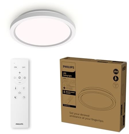 Philips LED-Deckenleuchte mit Fernbedienung, rund, 30 cm, dimmbar, Tunable White, Wohnzimmer, Schlafzimmer, kein Flimmern oder Blenden, modernes Design, weiß, 1er Pack
